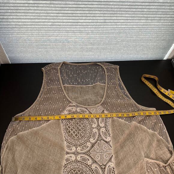 Lagenlook Tan Scoop Neck Embroidered Crochet Tassel Cover-Up Tank Top One Size - Picture 8 of 10